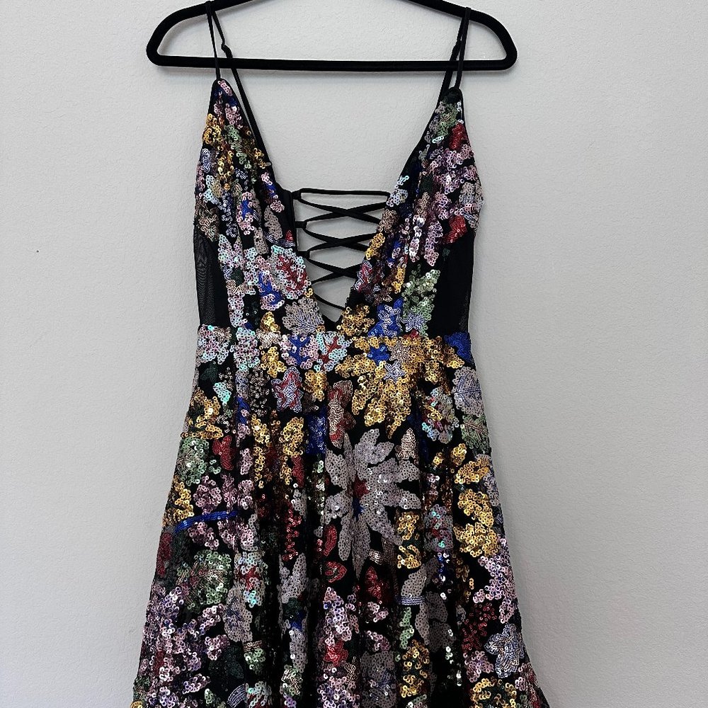Multi Color Sequin Mini Dress Deep V front with mesh sides and lace up back